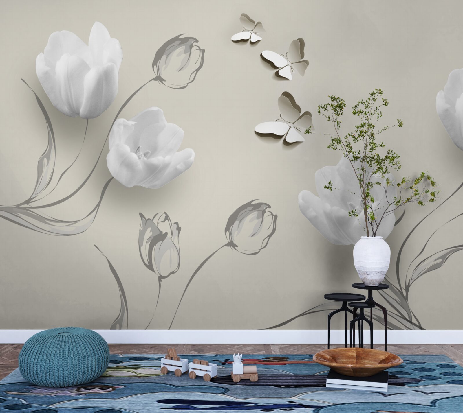 Fototapet lalele argintii pure și fluturi în apropiere