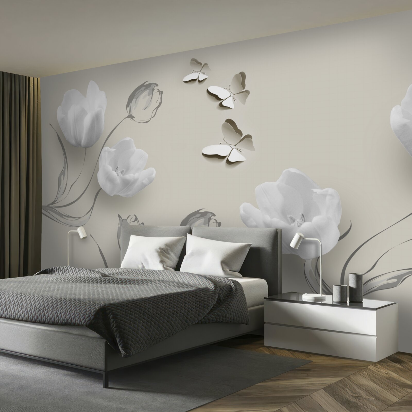 Fototapet lalele argintii pure și fluturi în apropiere