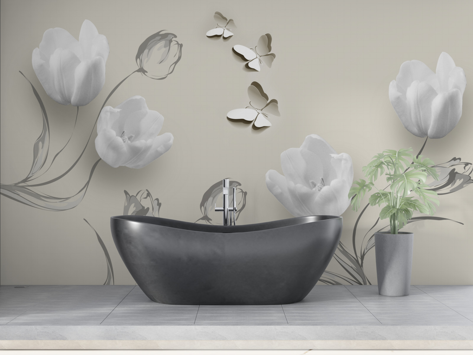 Fototapet lalele argintii pure și fluturi în apropiere