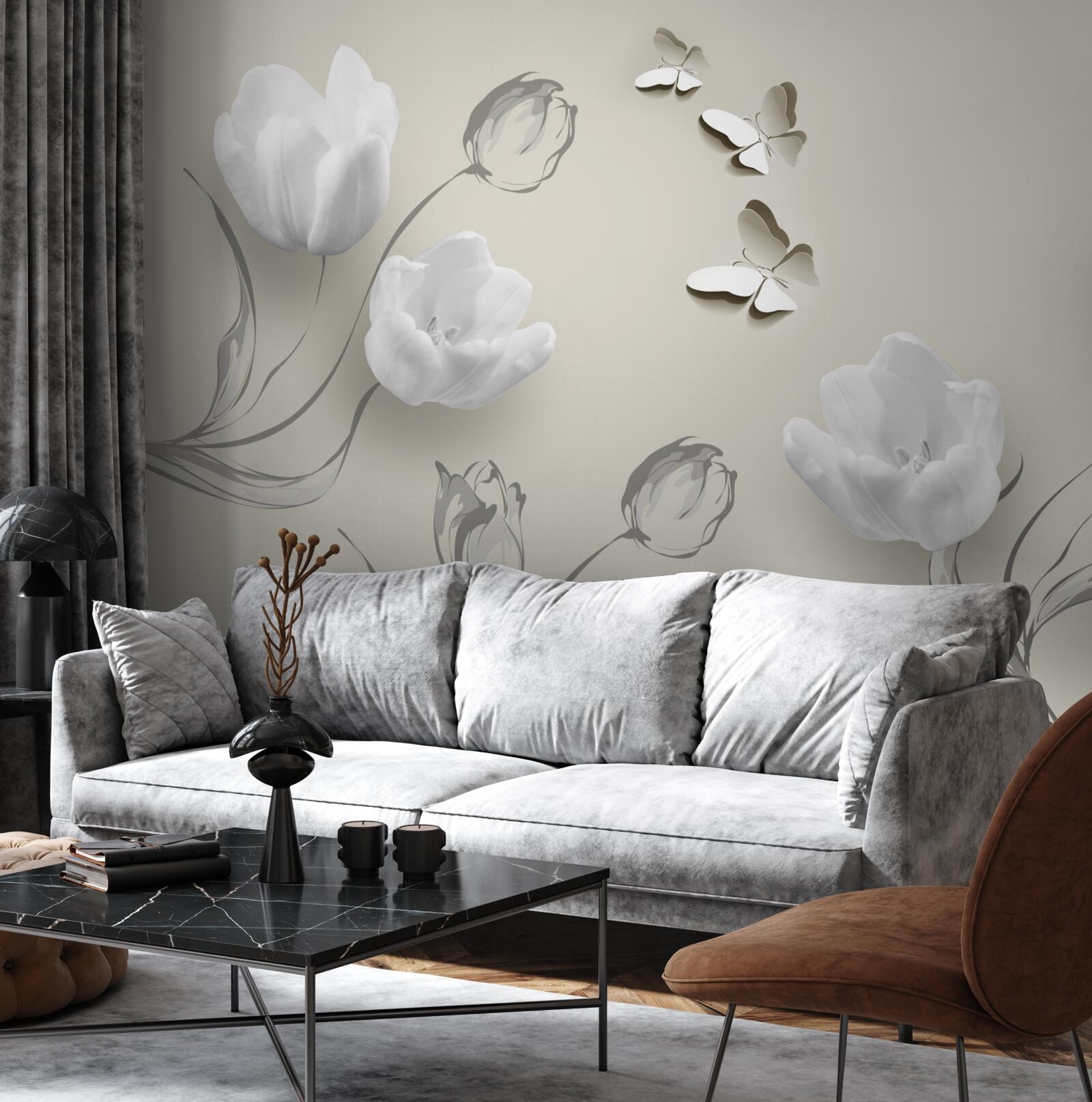 Fototapet lalele argintii pure și fluturi în apropiere