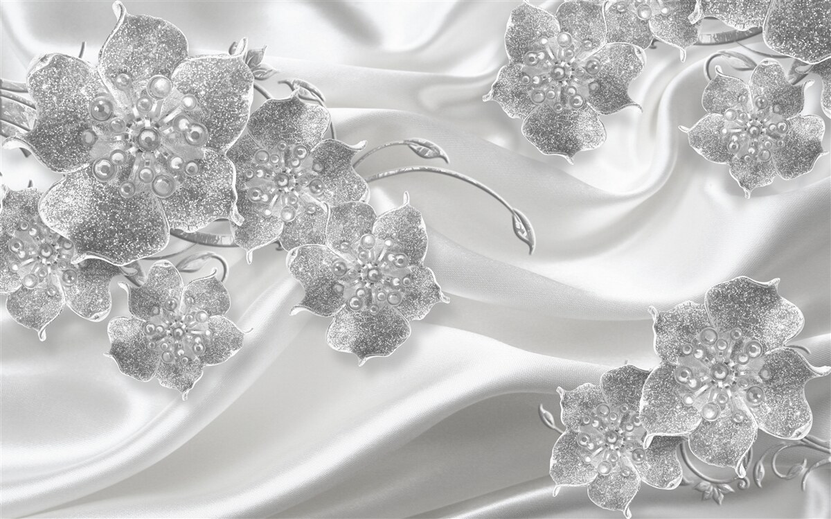 Fototapet țesătură din satin alb cu flori gri