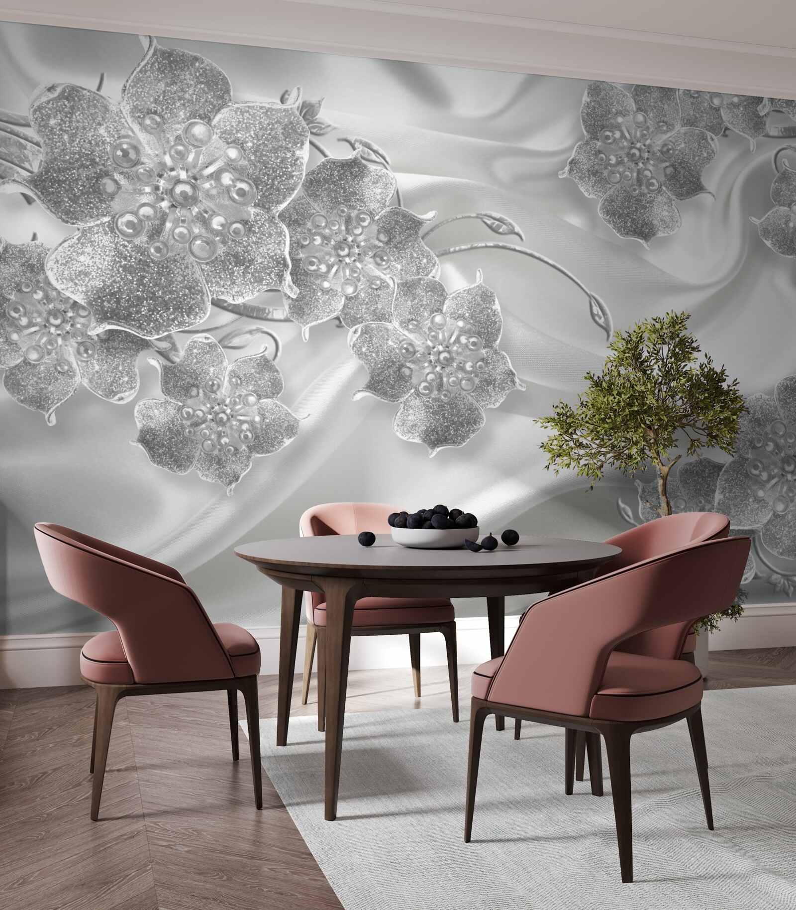 Fototapet țesătură din satin alb cu flori gri