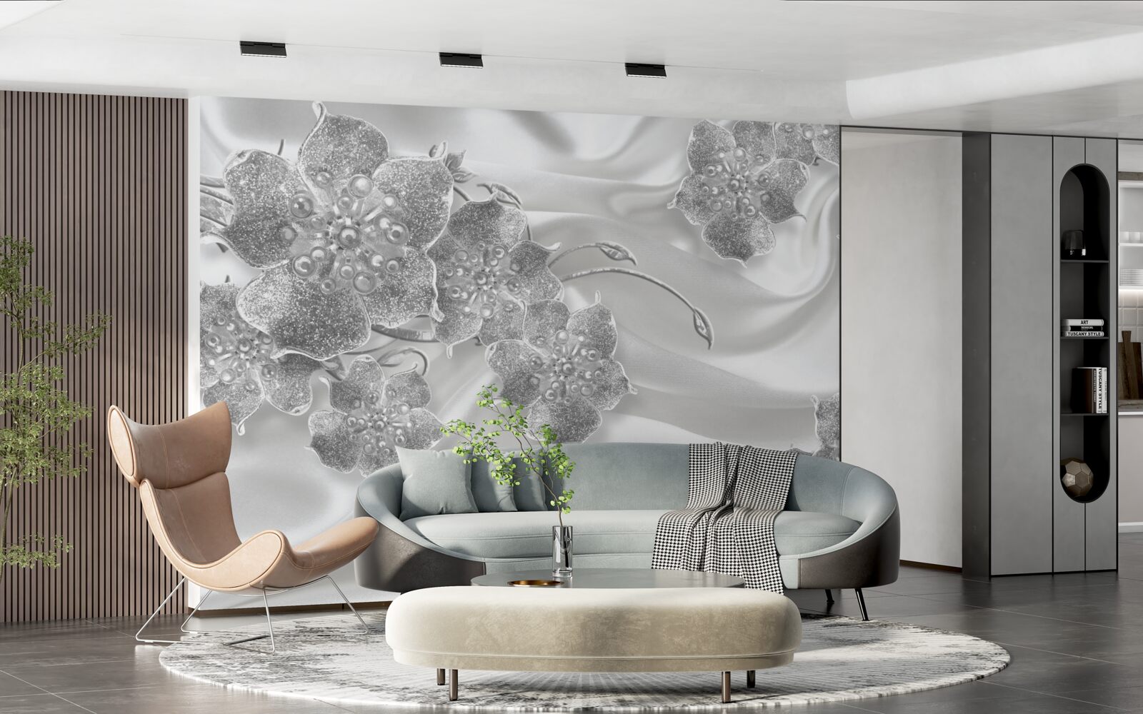 Fototapet țesătură din satin alb cu flori gri