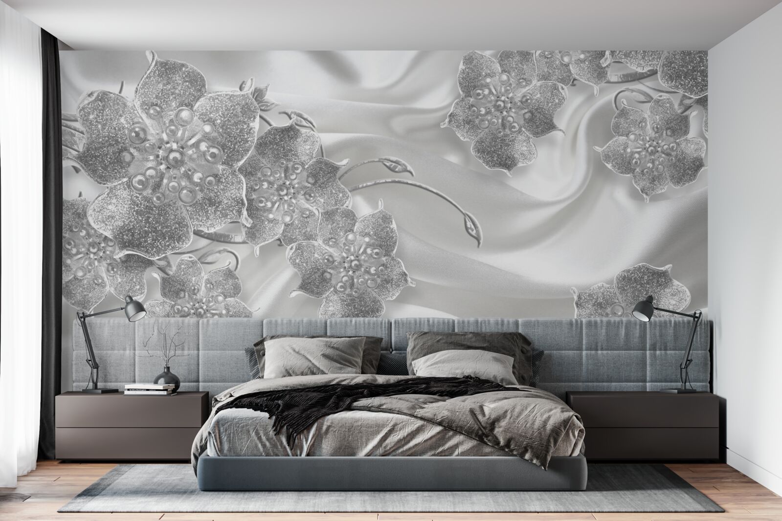 Fototapet țesătură din satin alb cu flori gri