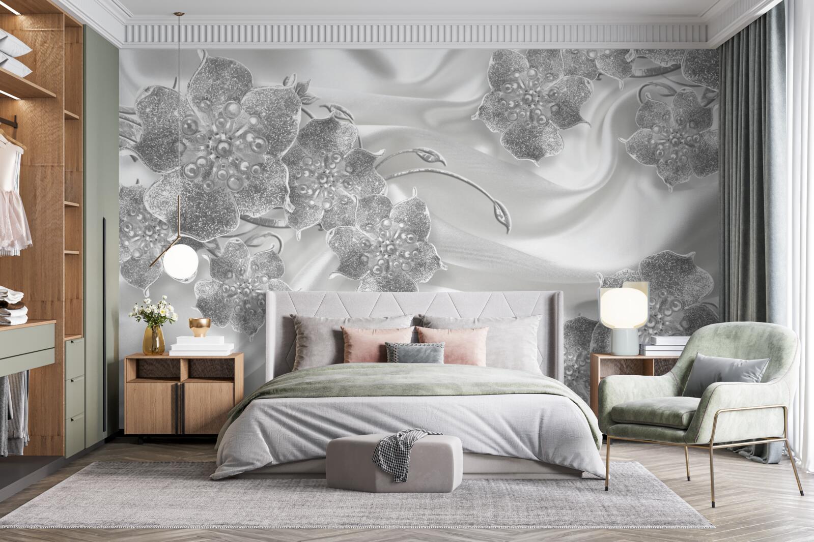 Fototapet țesătură din satin alb cu flori gri