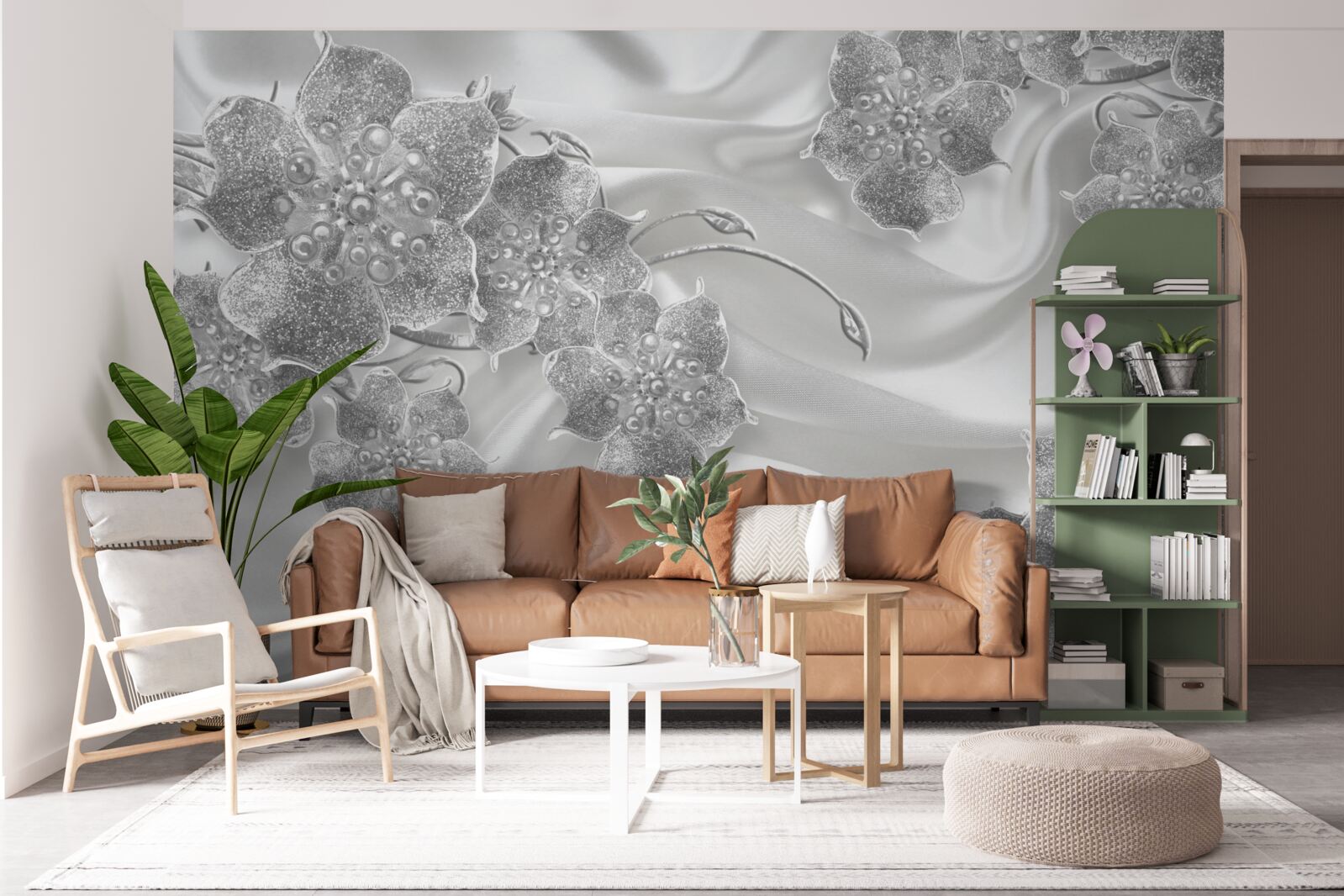 Fototapet țesătură din satin alb cu flori gri