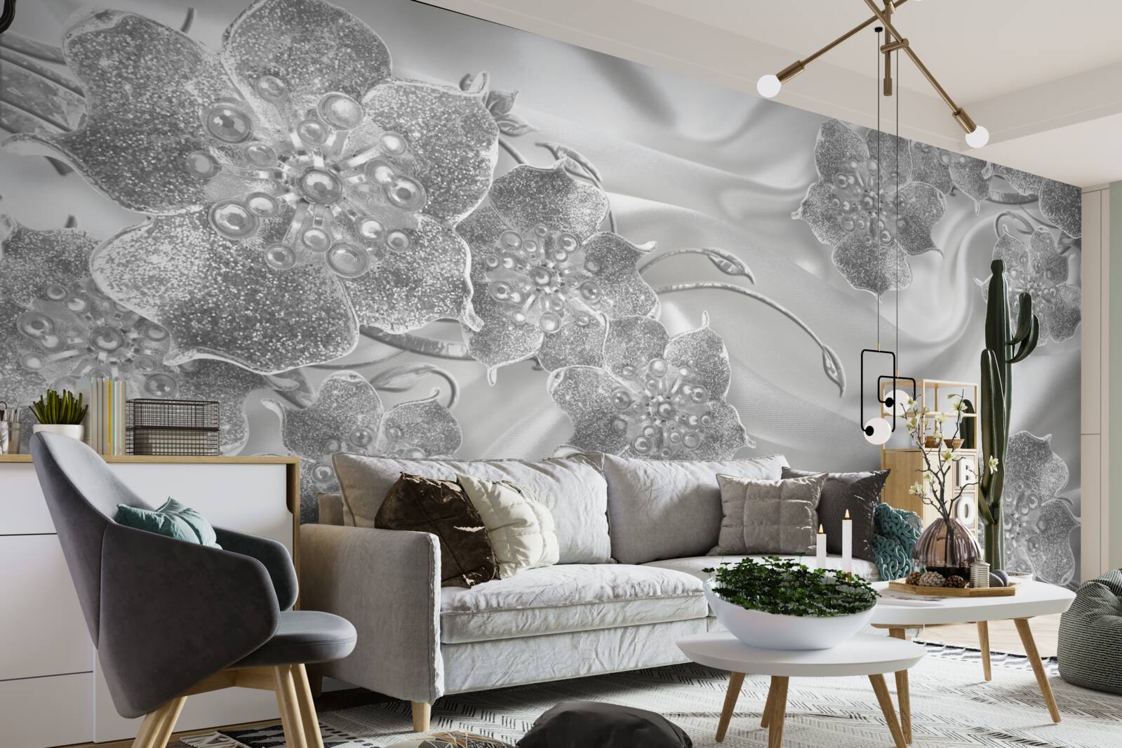 Fototapet țesătură din satin alb cu flori gri