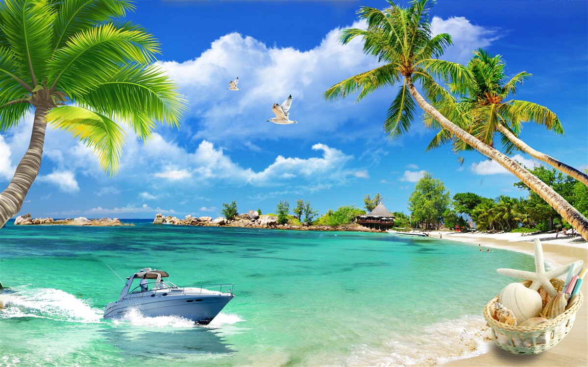 Fototapet plaja insulei primește un iaht care se apropie