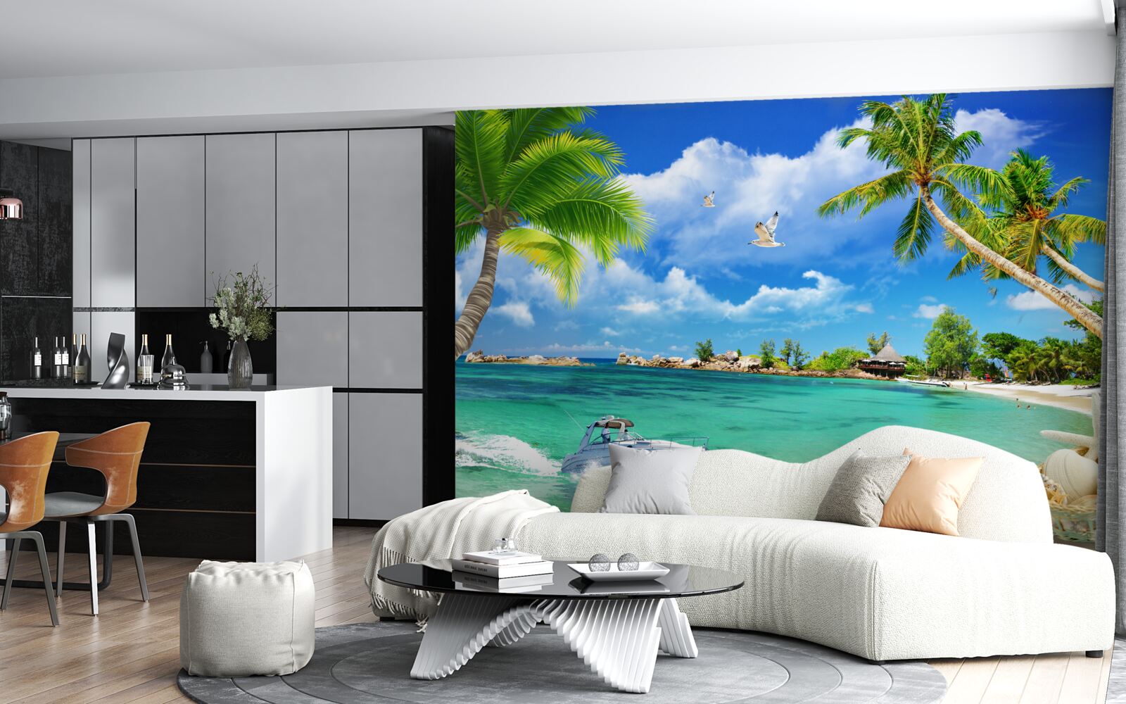 Fototapet plaja insulei primește un iaht care se apropie