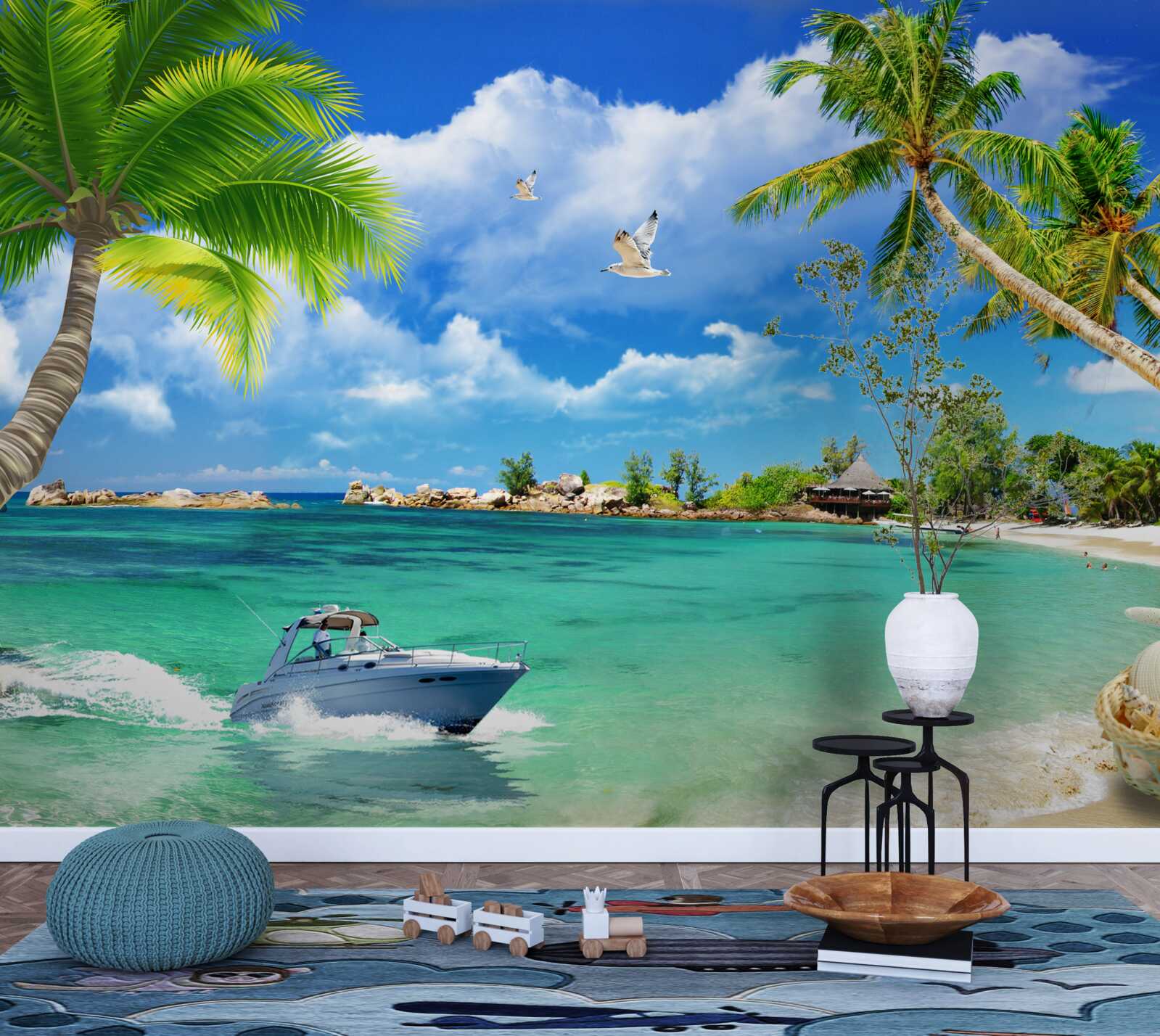 Fototapet plaja insulei primește un iaht care se apropie