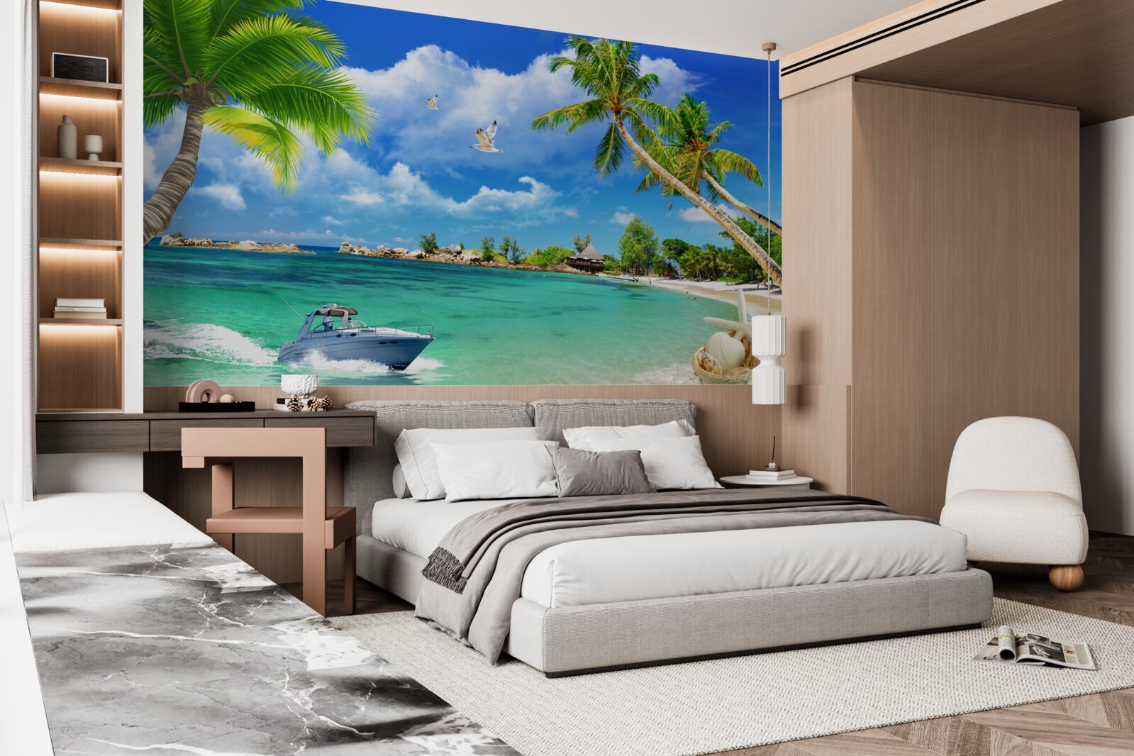 Fototapet plaja insulei primește un iaht care se apropie