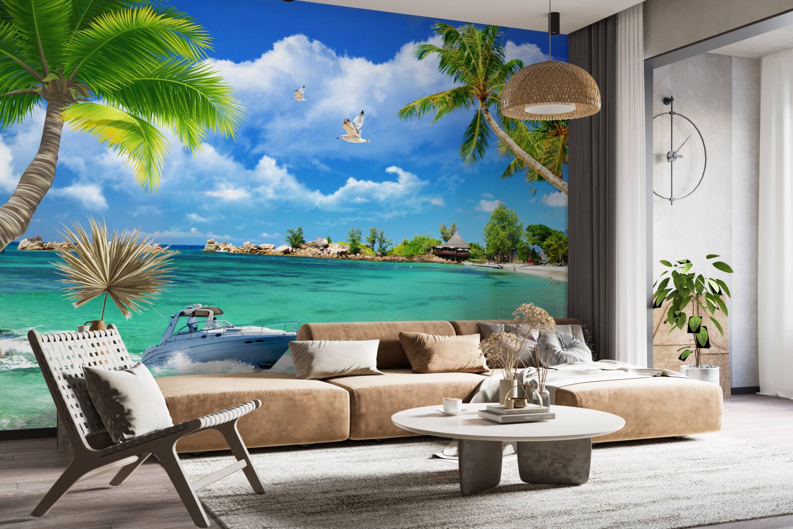 Fototapet plaja insulei primește un iaht care se apropie