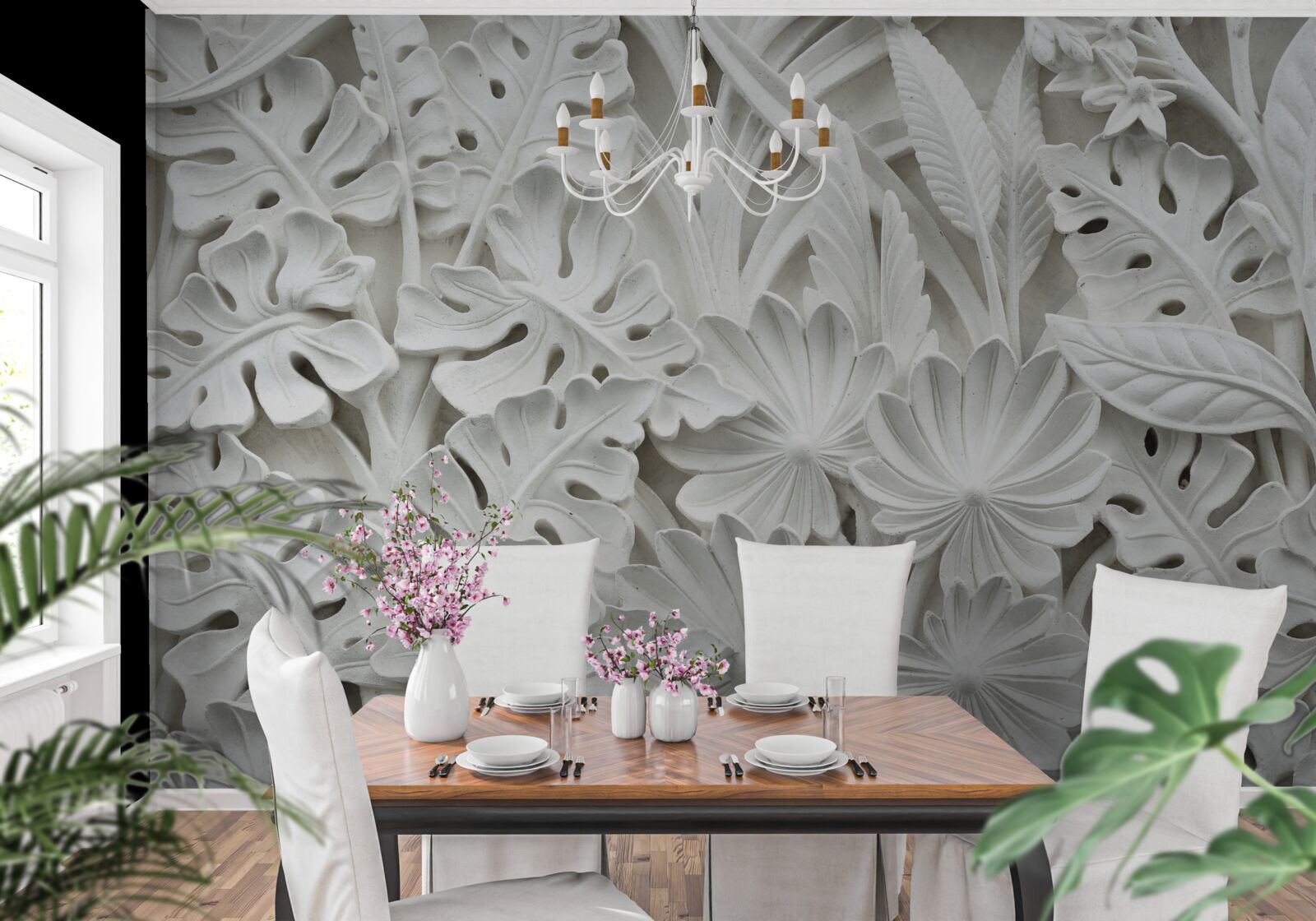 Fototapet diverse frunze tropicale albe