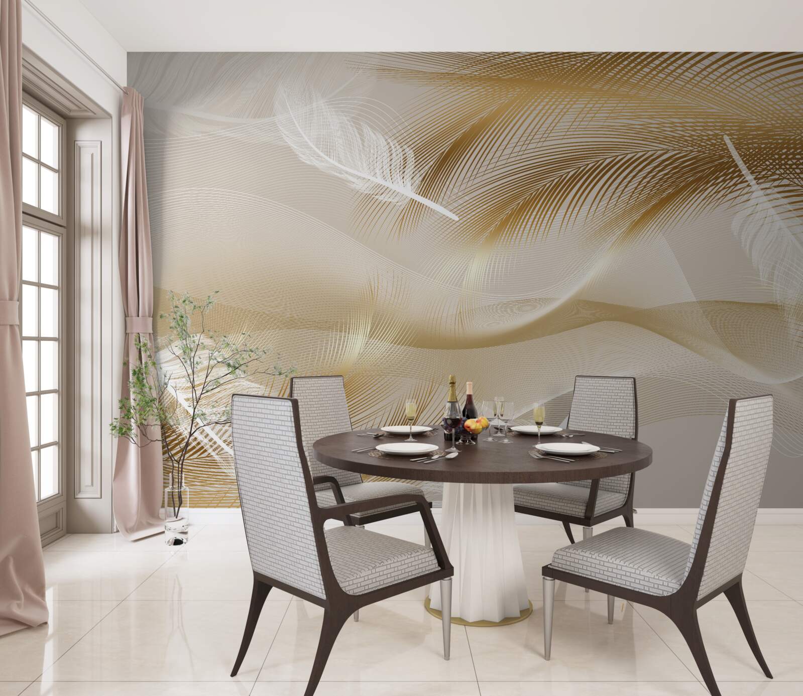 Fototapet ramuri aurii și puf alb