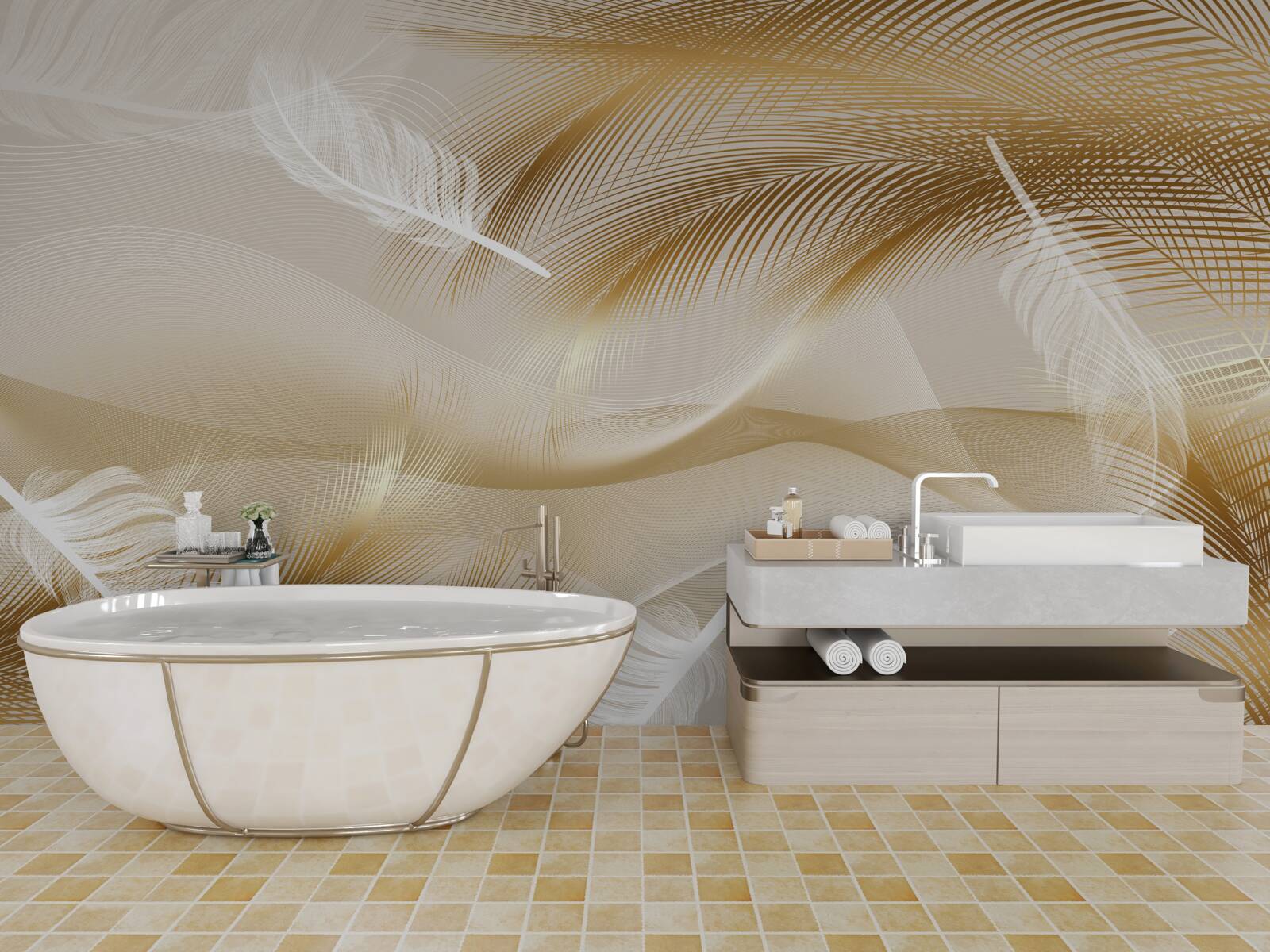 Fototapet ramuri aurii și puf alb