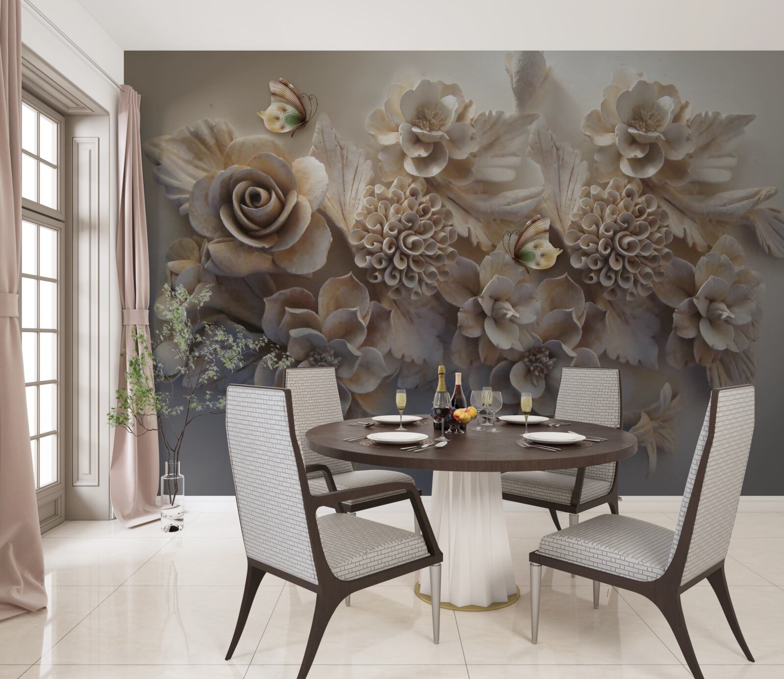 Fototapet set de flori mari în tonuri crem