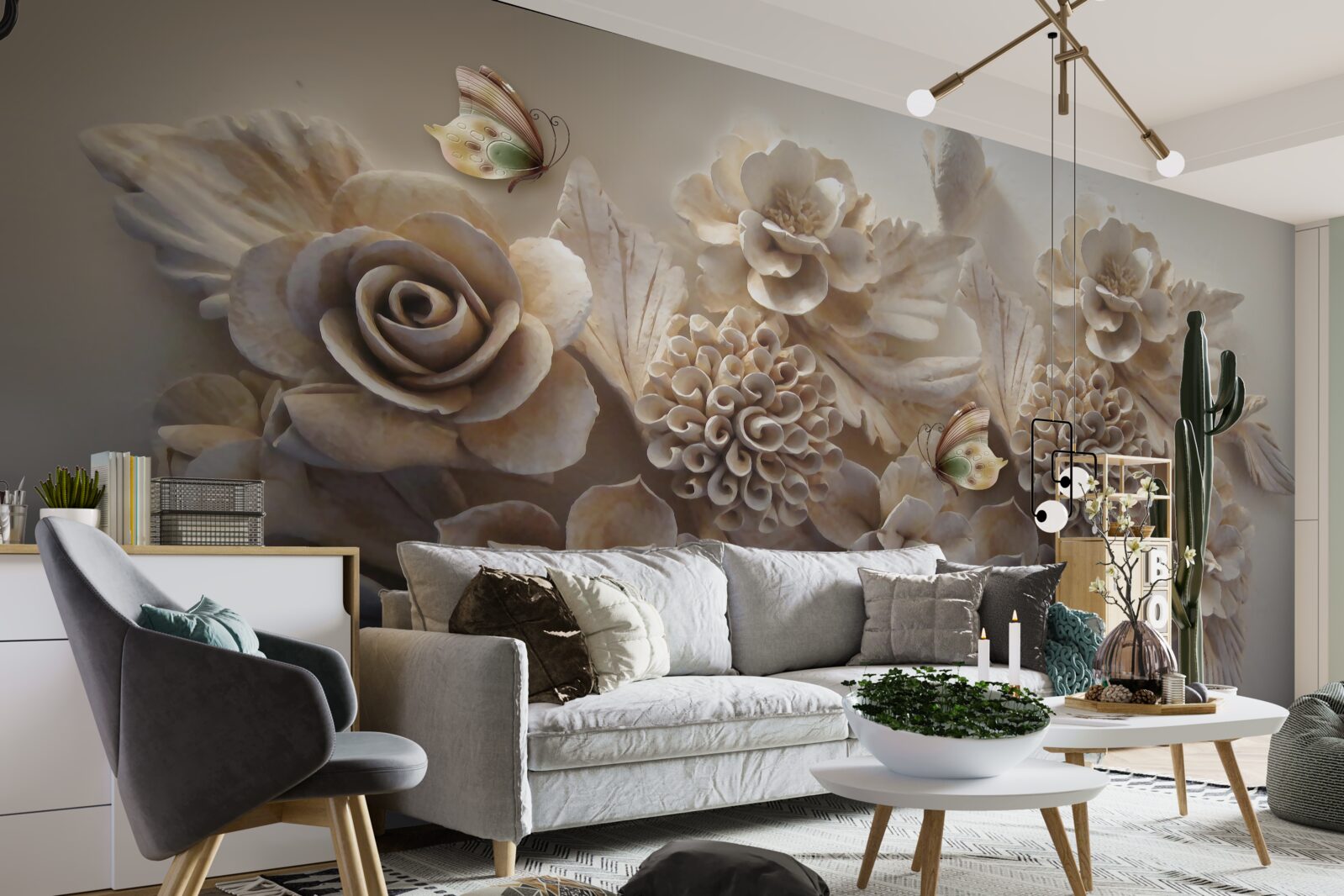 Fototapet set de flori mari în tonuri crem