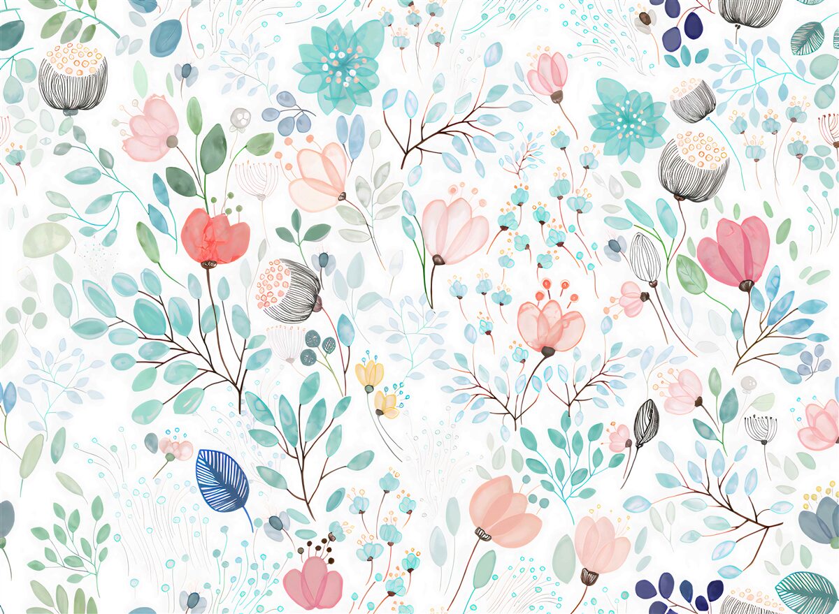 Fototapet flori și frunze de acuarelă în nuanțe delicate