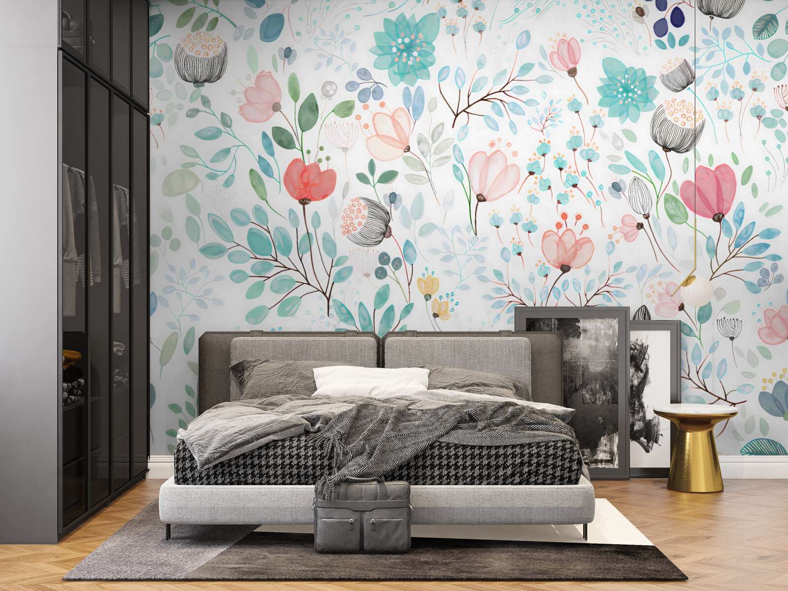 Fototapet flori și frunze de acuarelă în nuanțe delicate