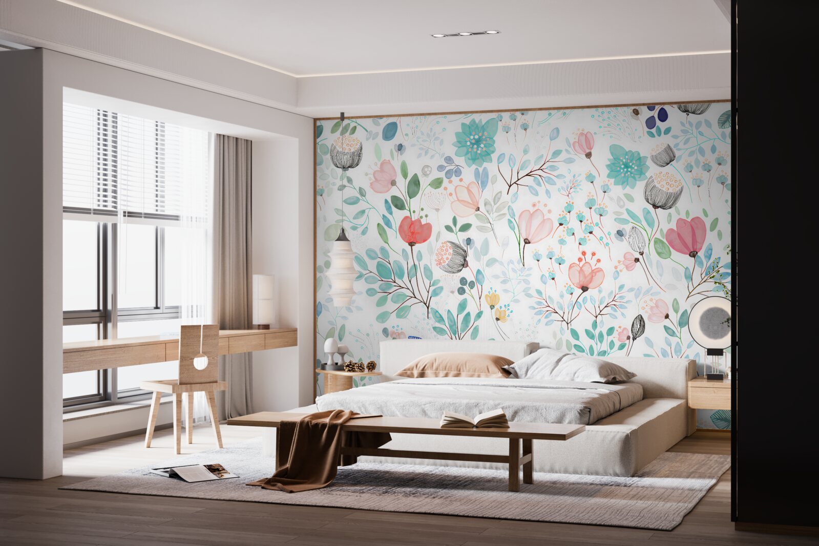 Fototapet flori și frunze de acuarelă în nuanțe delicate