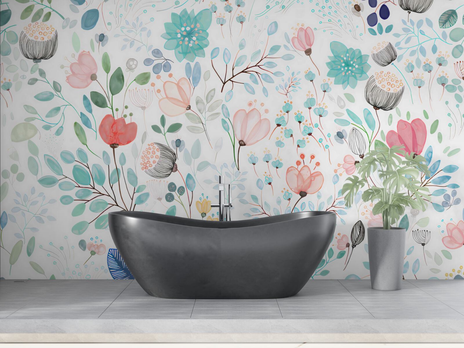 Fototapet flori și frunze de acuarelă în nuanțe delicate