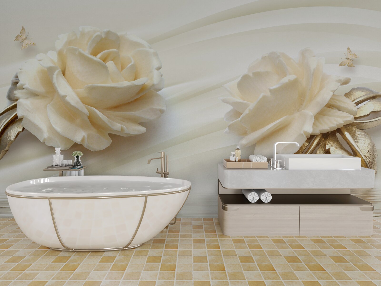 Fototapet două flori mari de trandafir bej