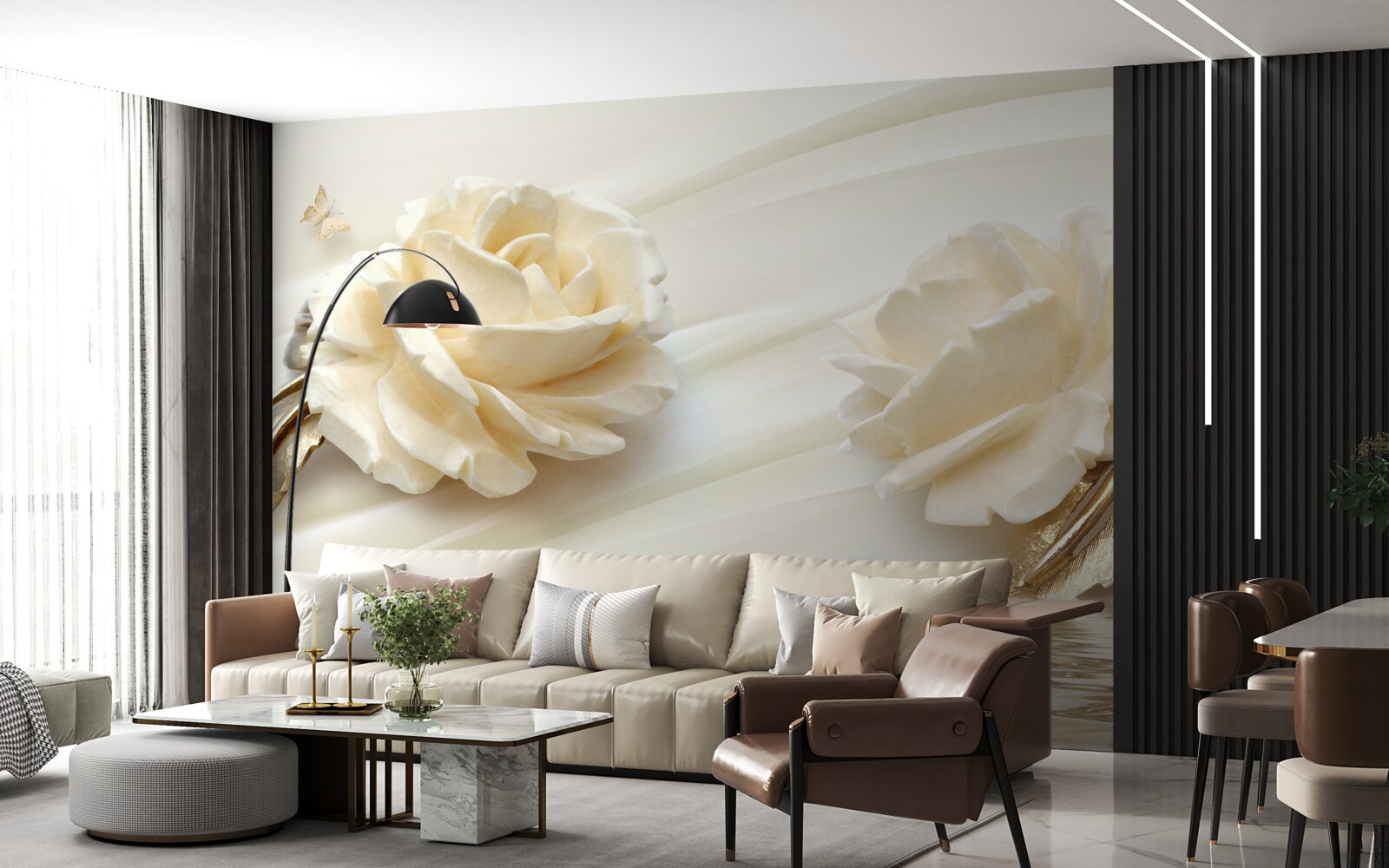 Fototapet două flori mari de trandafir bej