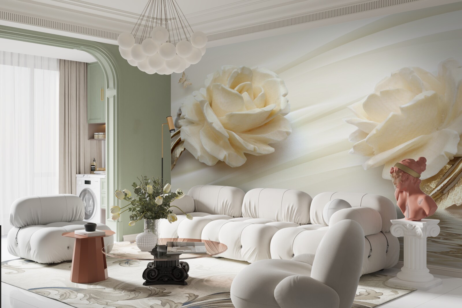 Fototapet două flori mari de trandafir bej