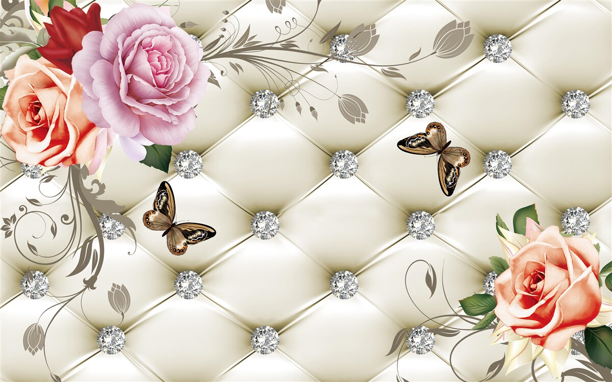 Fototapet Perete decorat cu trandafiri și fluturi pe un fundal alb matlasat