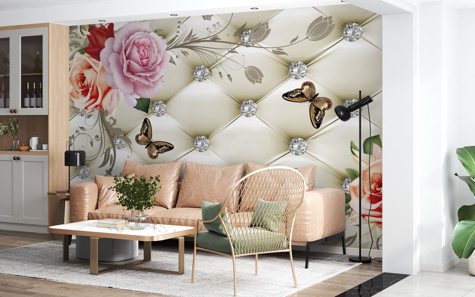 Fototapet Perete decorat cu trandafiri și fluturi pe un fundal alb matlasat
