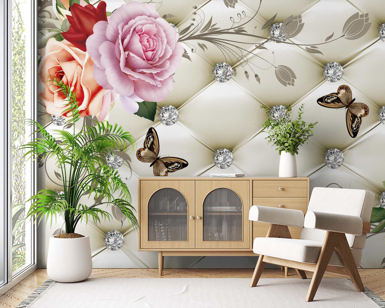 Fototapet Perete decorat cu trandafiri și fluturi pe un fundal alb matlasat