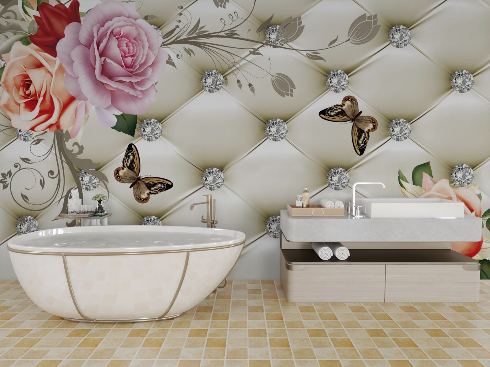 Fototapet Perete decorat cu trandafiri și fluturi pe un fundal alb matlasat