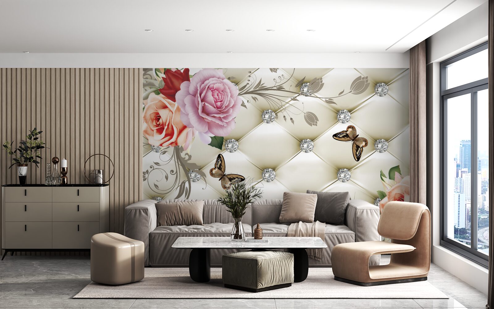 Fototapet Perete decorat cu trandafiri și fluturi pe un fundal alb matlasat