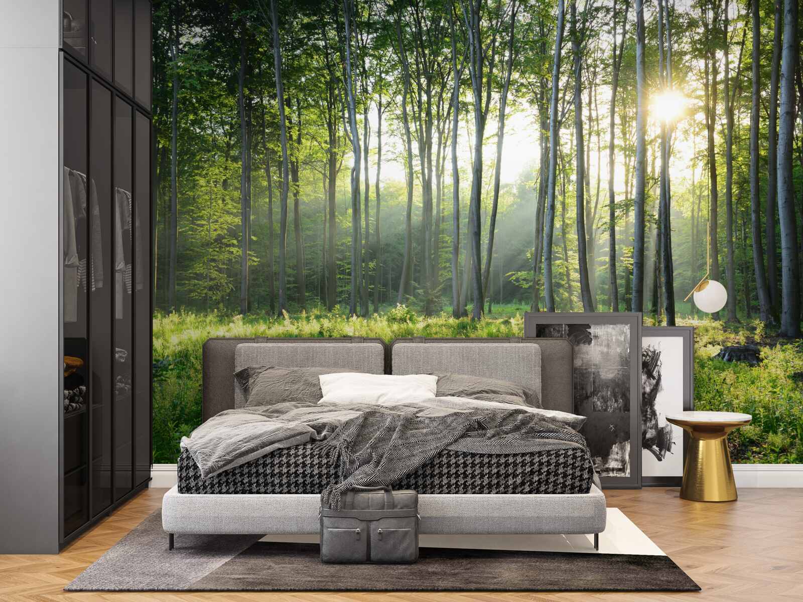 Fototapet un loc în natură cu vedere la soarele de dimineață în pădure