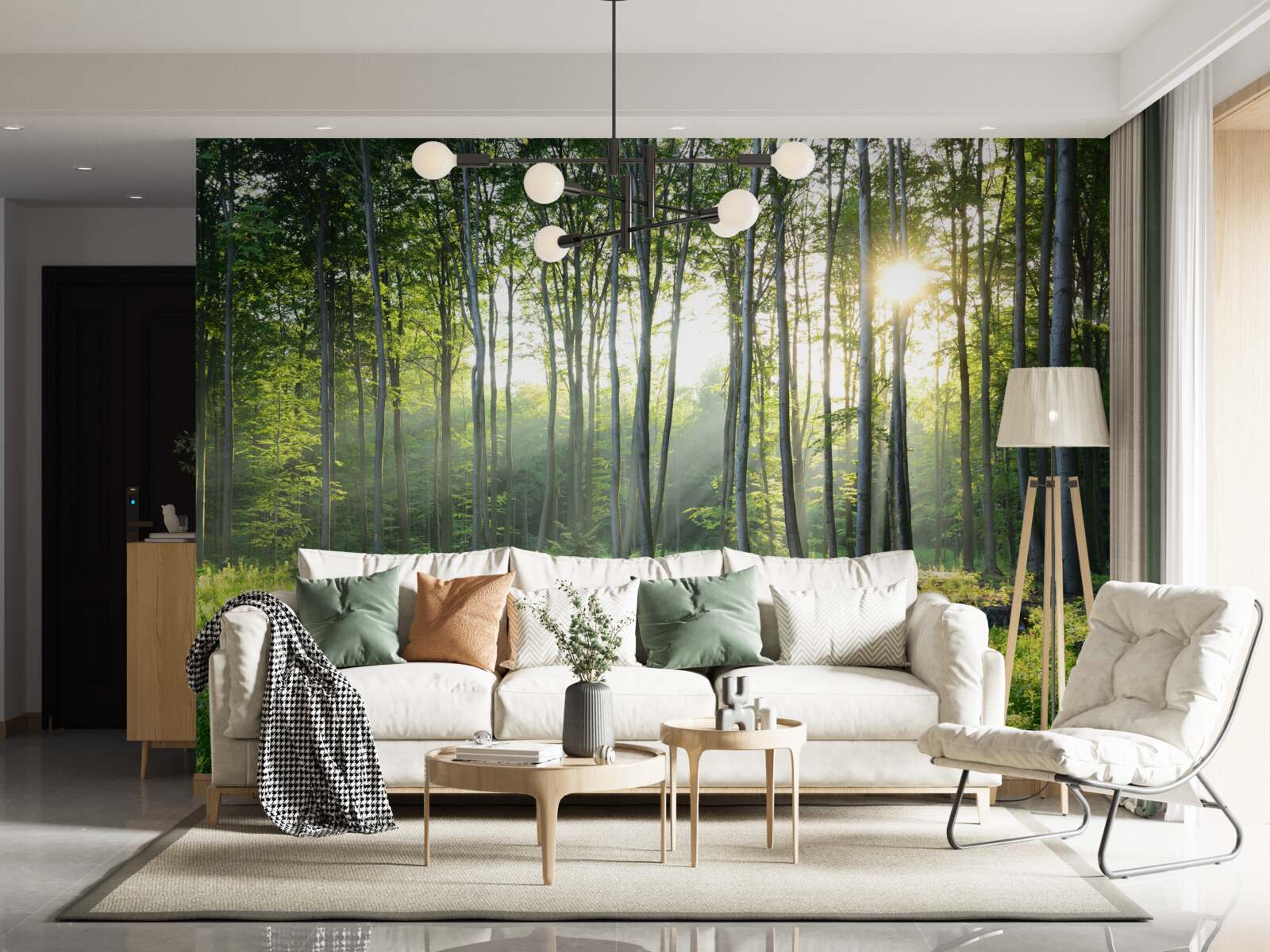 Fototapet un loc în natură cu vedere la soarele de dimineață în pădure