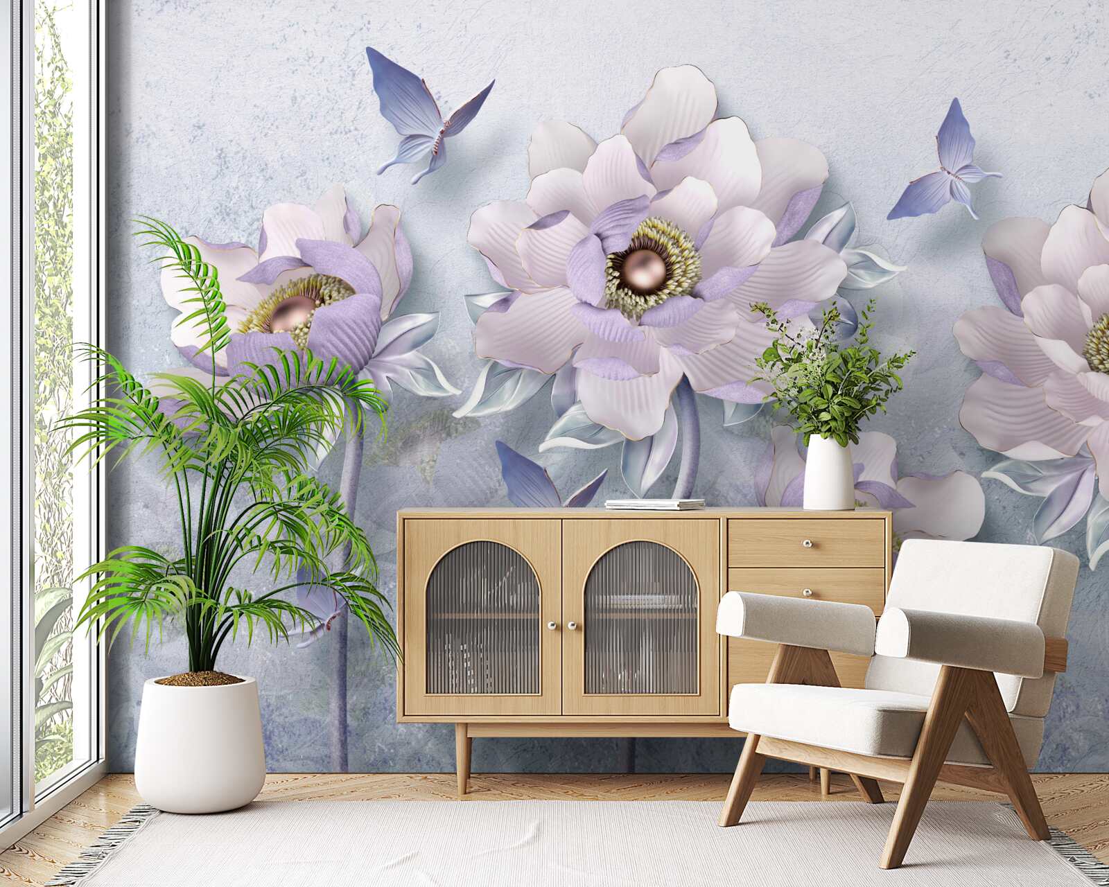 Fototapet fluturi purpurii și flori de o delicatețe excepțională