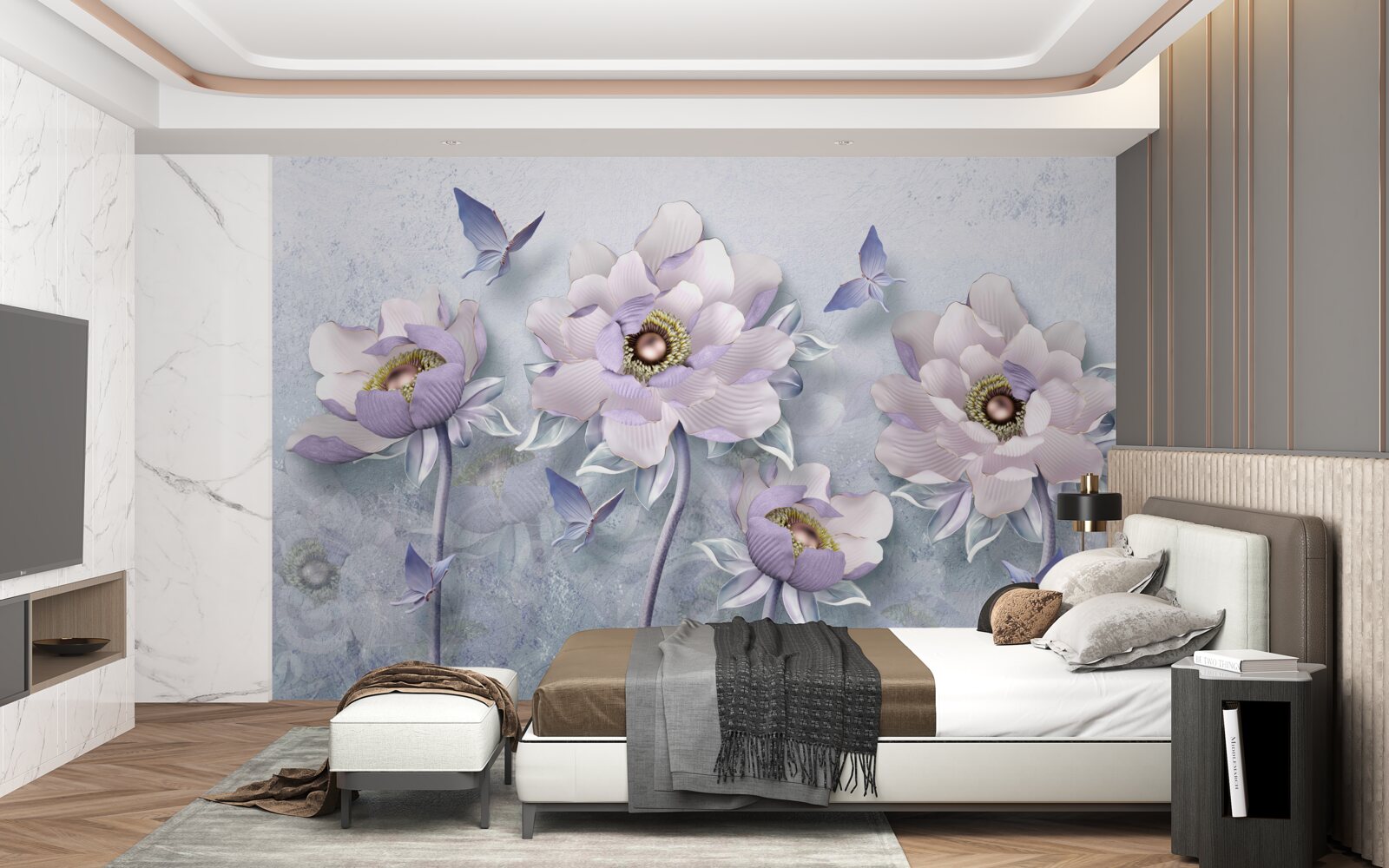 Fototapet fluturi purpurii și flori de o delicatețe excepțională