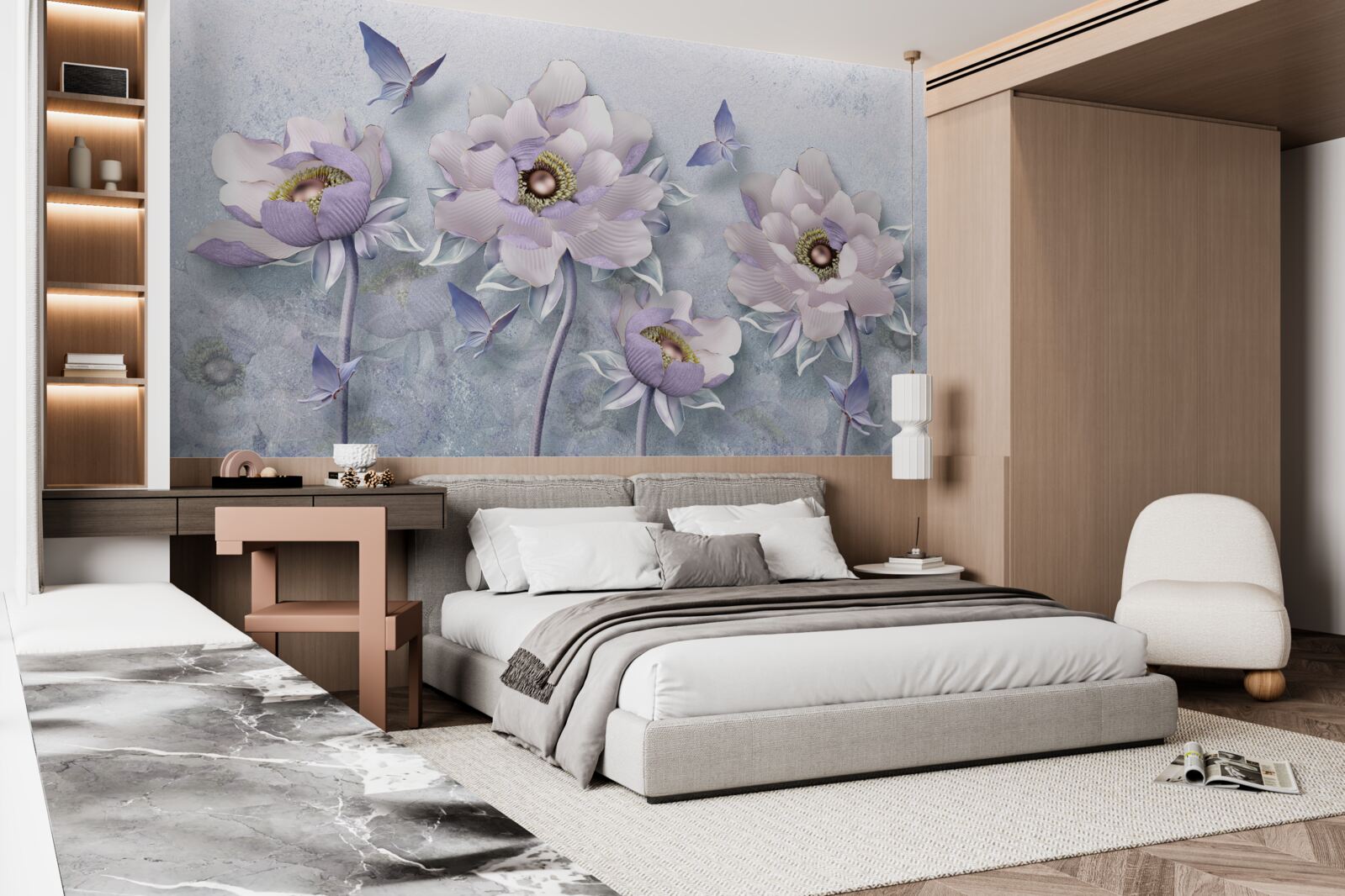 Fototapet fluturi purpurii și flori de o delicatețe excepțională