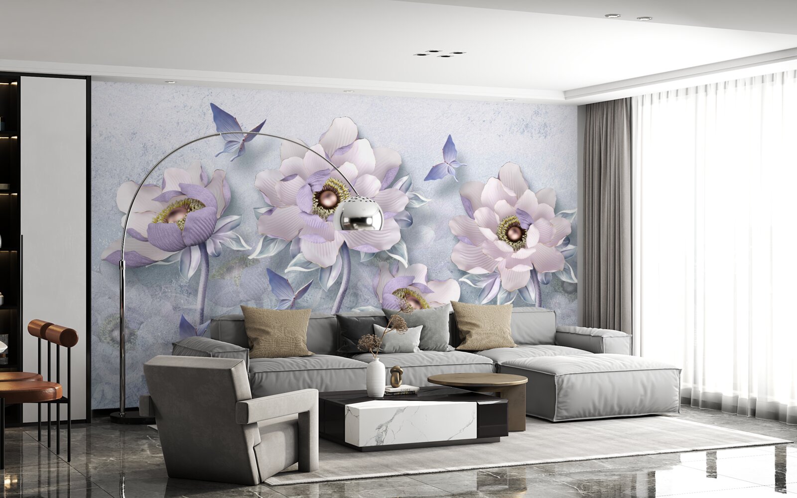 Fototapet fluturi purpurii și flori de o delicatețe excepțională