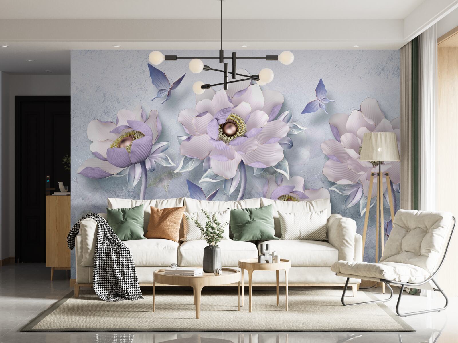 Fototapet fluturi purpurii și flori de o delicatețe excepțională