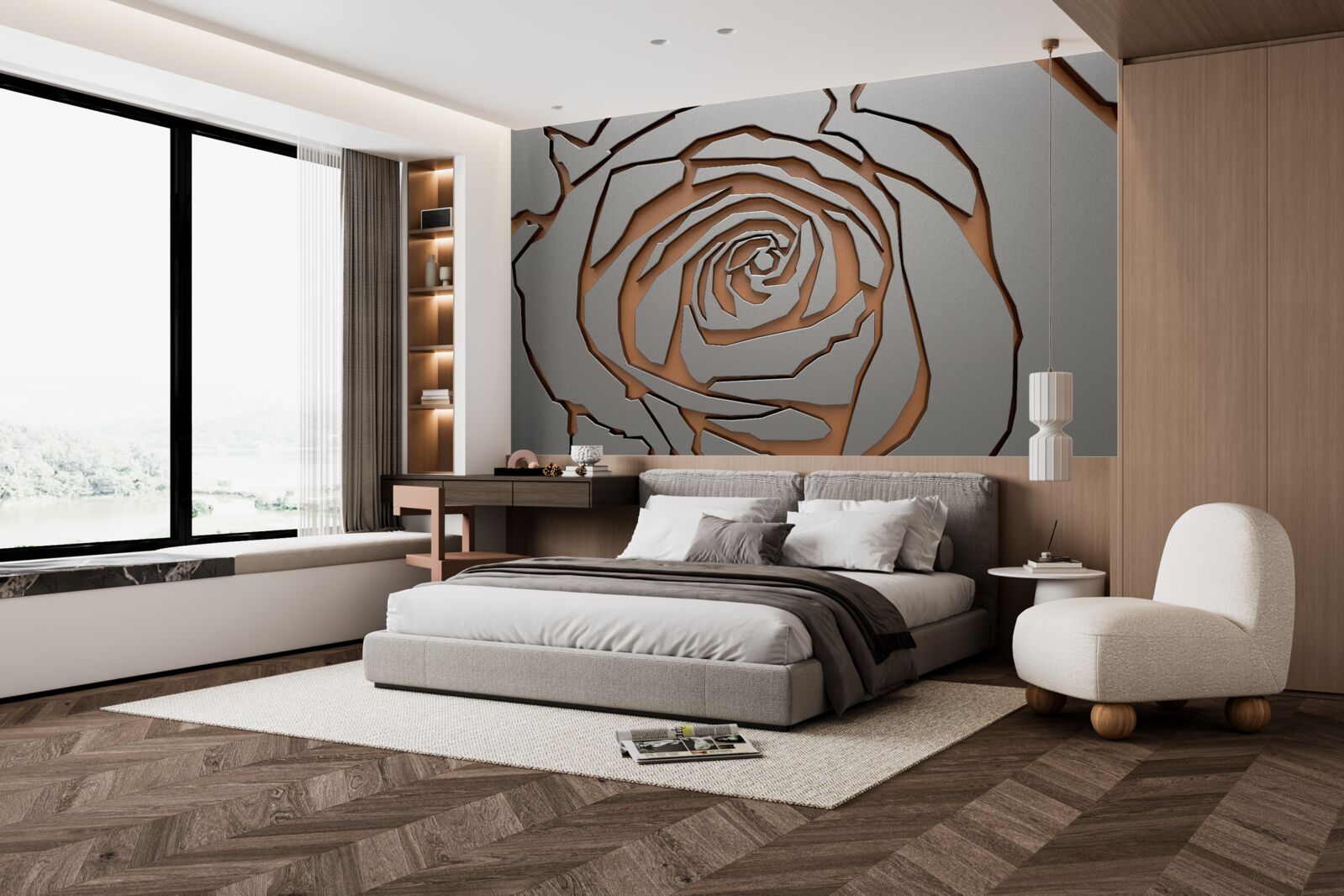 Fototapet un trandafir mare este evidențiat pe perete