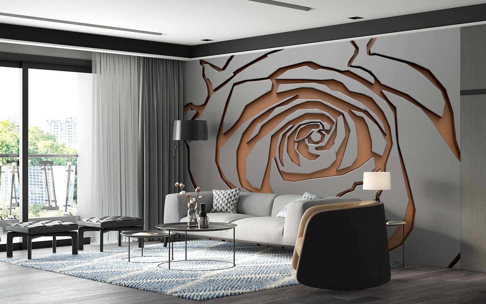 Fototapet un trandafir mare este evidențiat pe perete