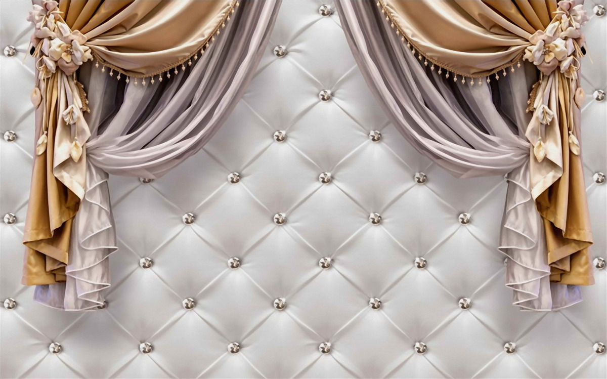 Fototapet perete alb matlasat și perdele