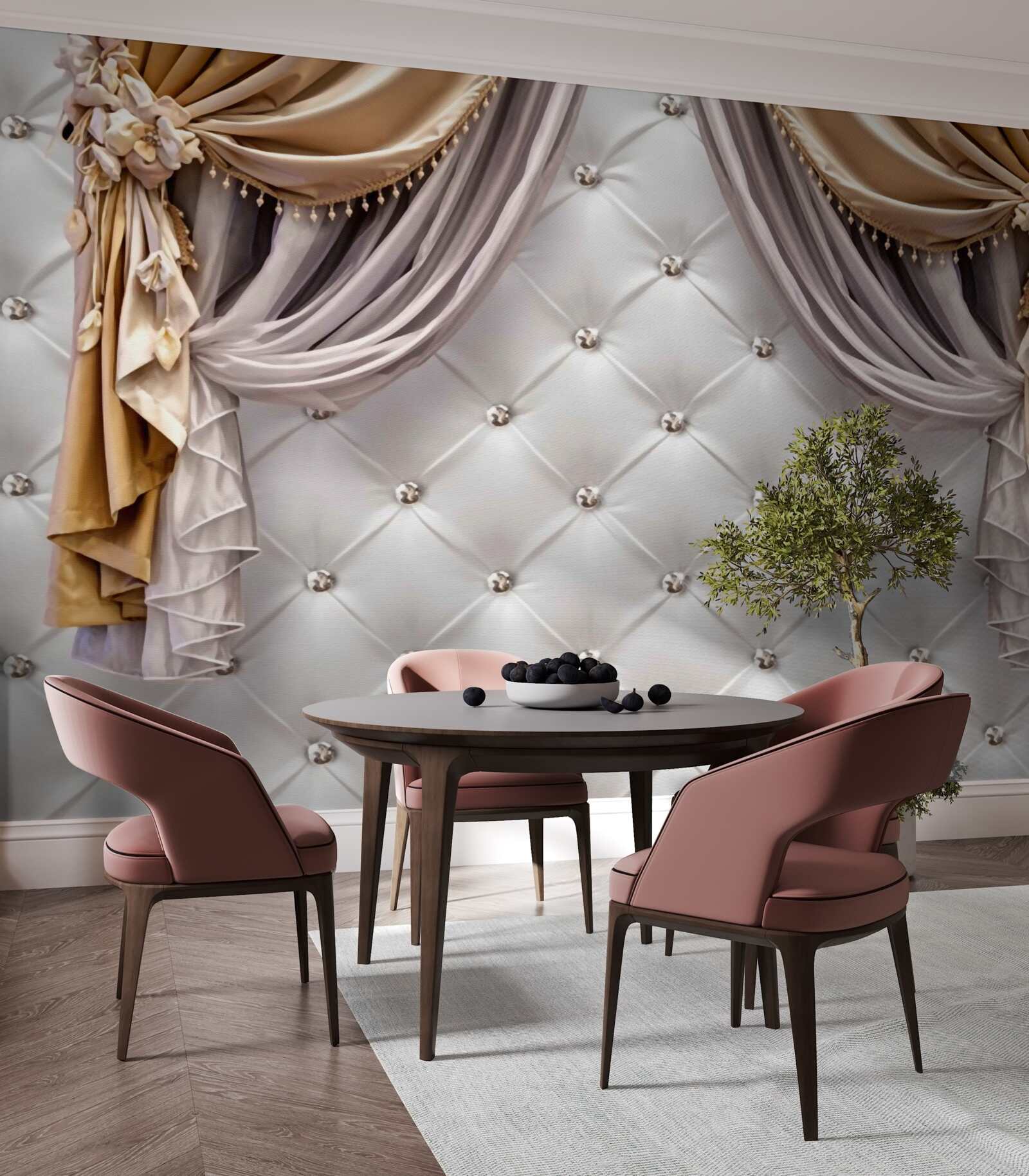 Fototapet perete alb matlasat și perdele