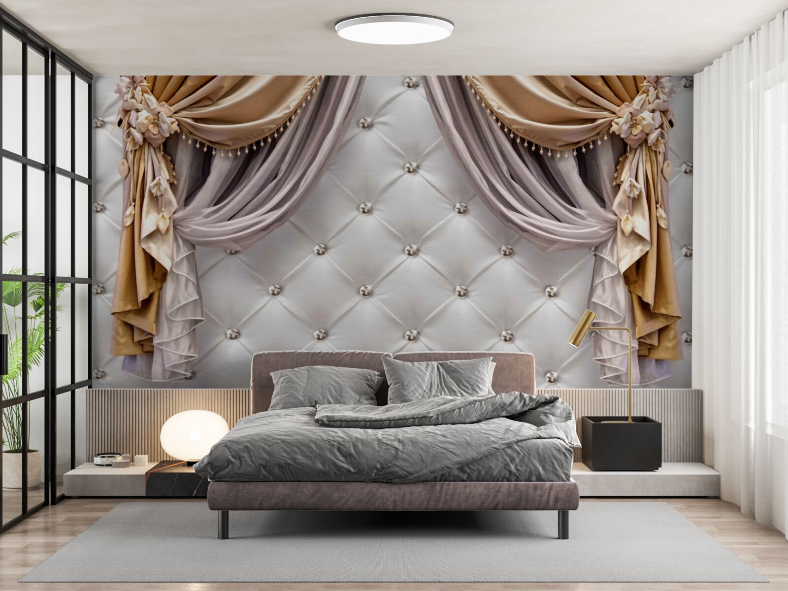 Fototapet perete alb matlasat și perdele