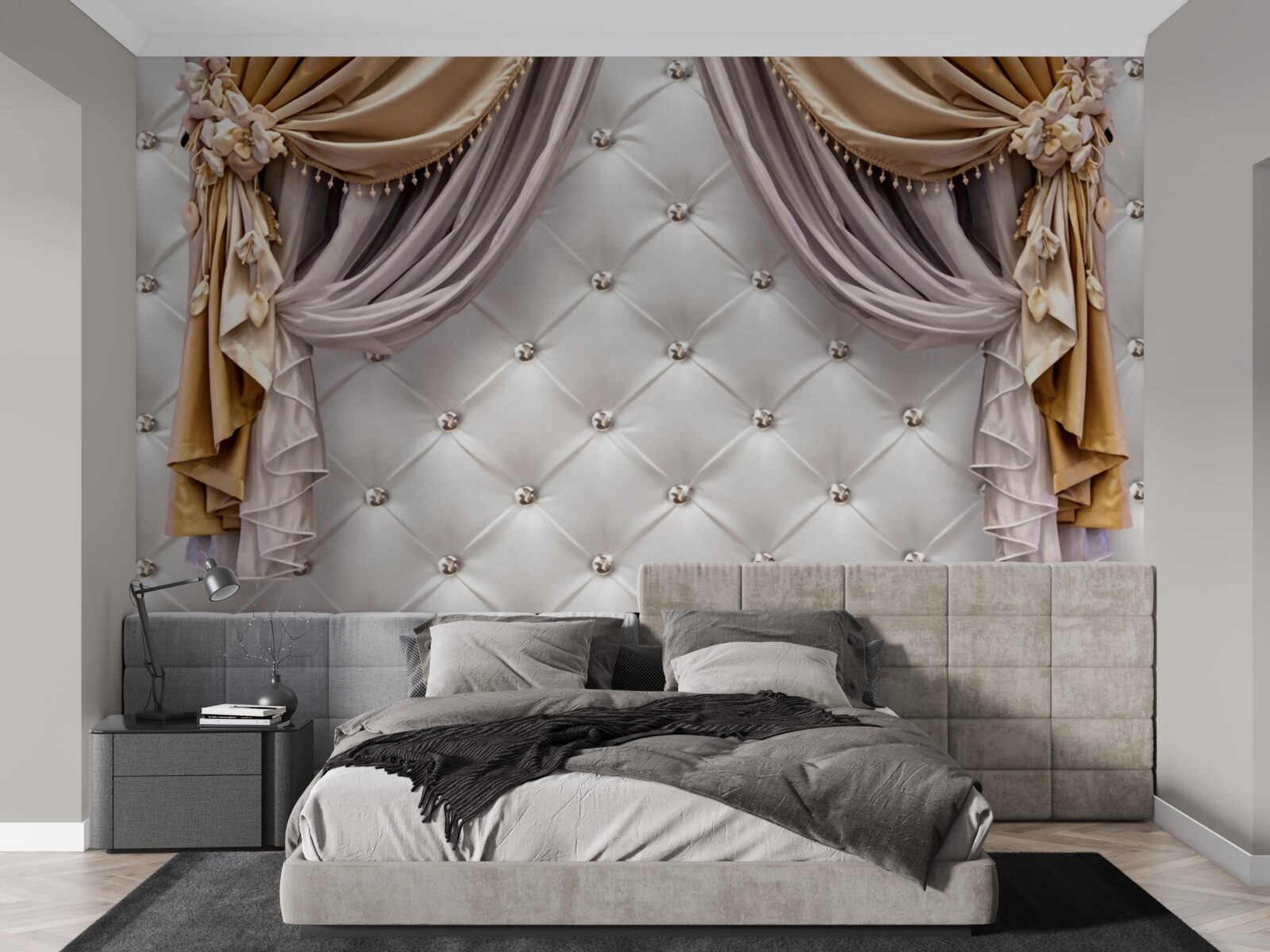 Fototapet perete alb matlasat și perdele