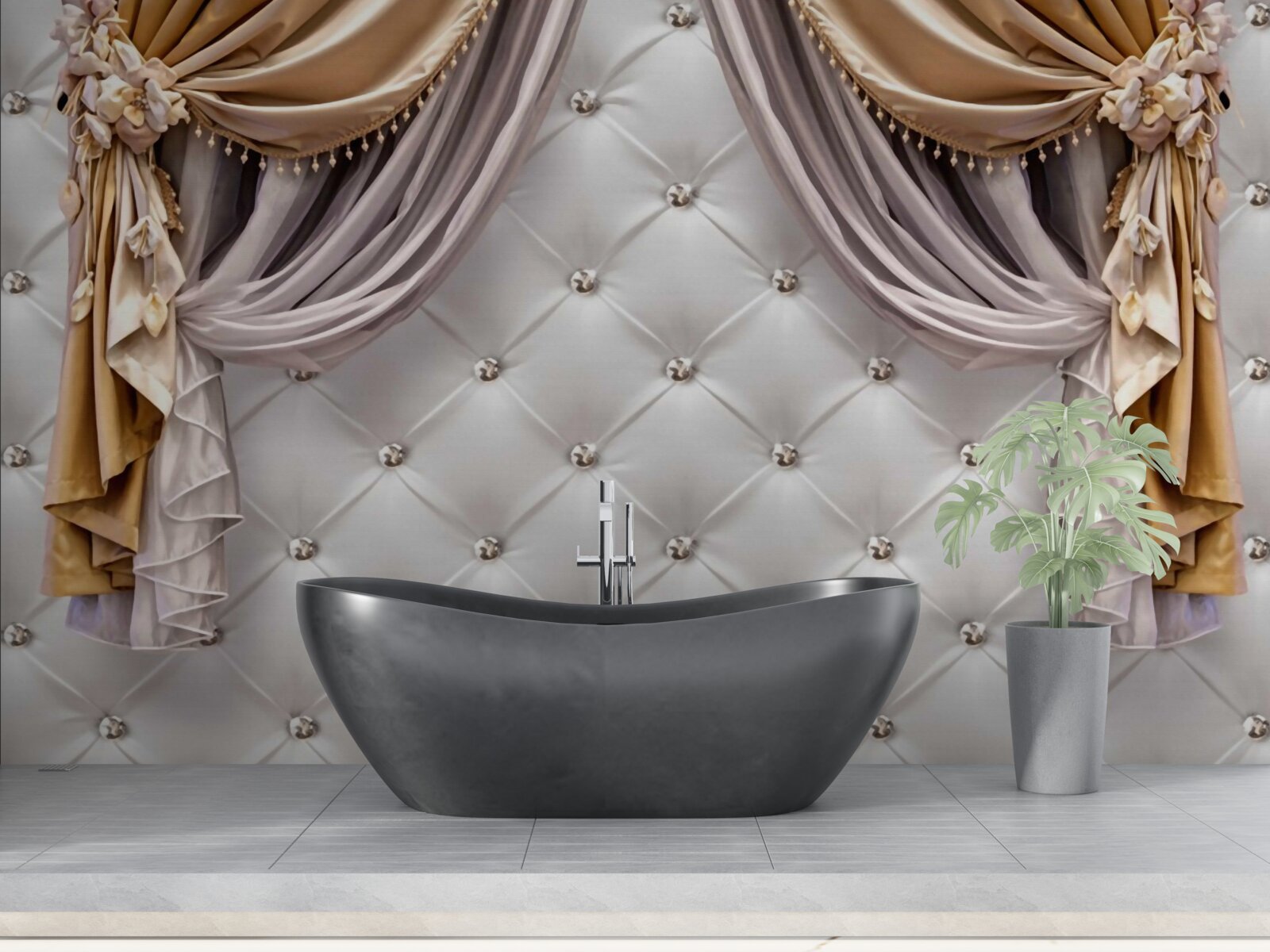 Fototapet perete alb matlasat și perdele