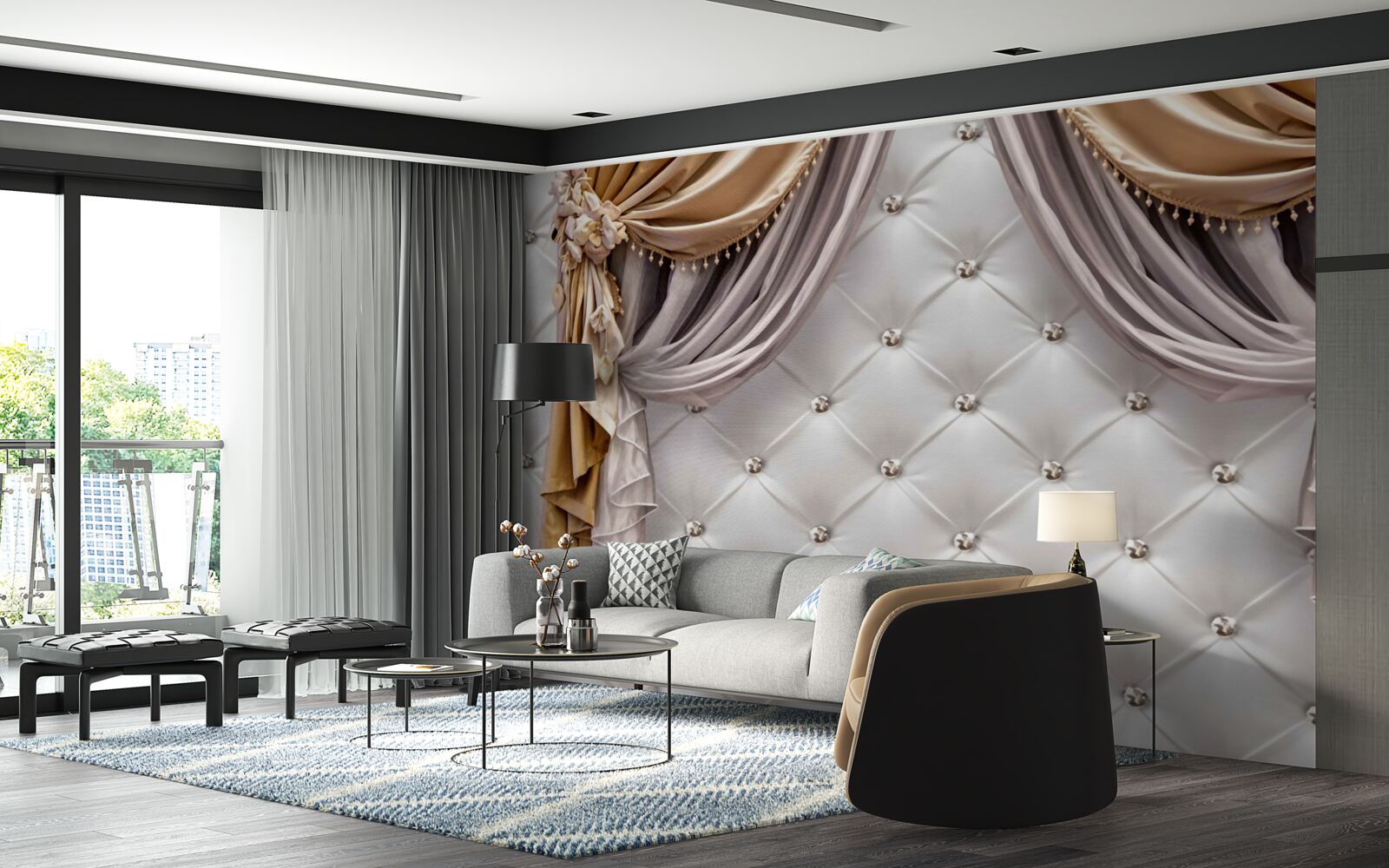 Fototapet perete alb matlasat și perdele