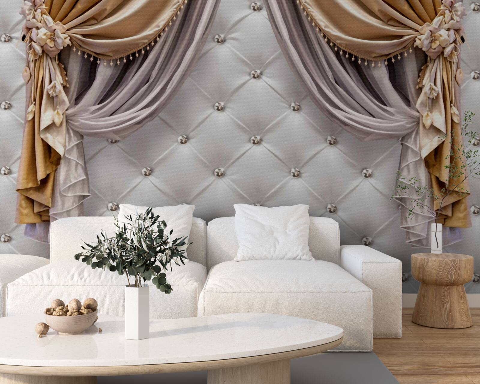 Fototapet perete alb matlasat și perdele