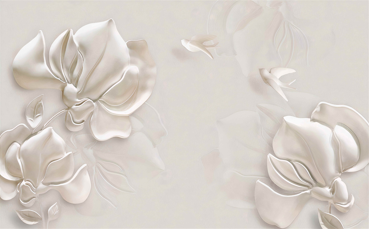 Fototapet păsări și flori din material alb